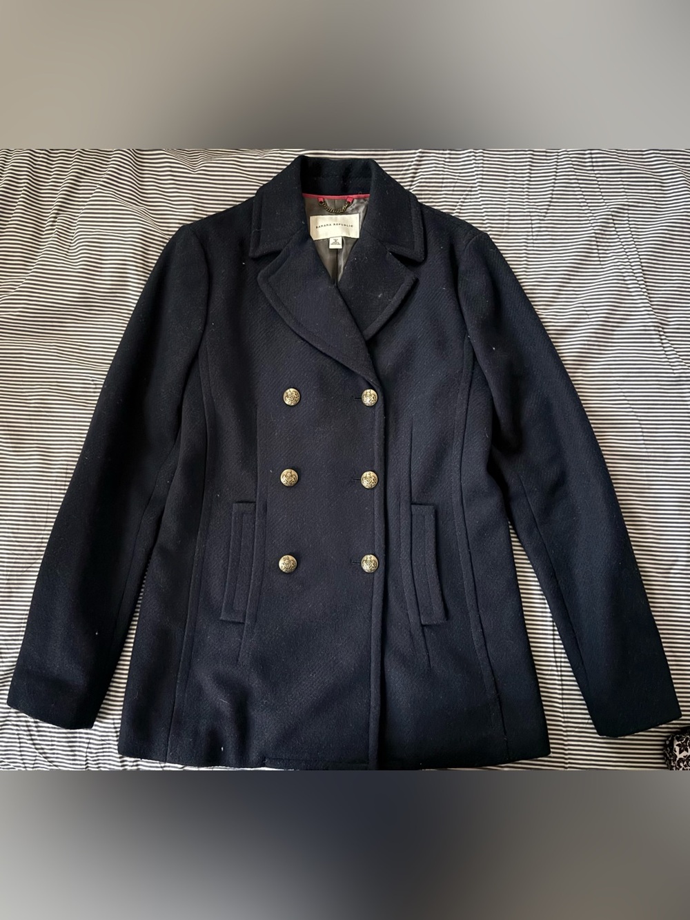 Banana Republic Wool Navy Double-Breasted Peacoat with Metal Buttons